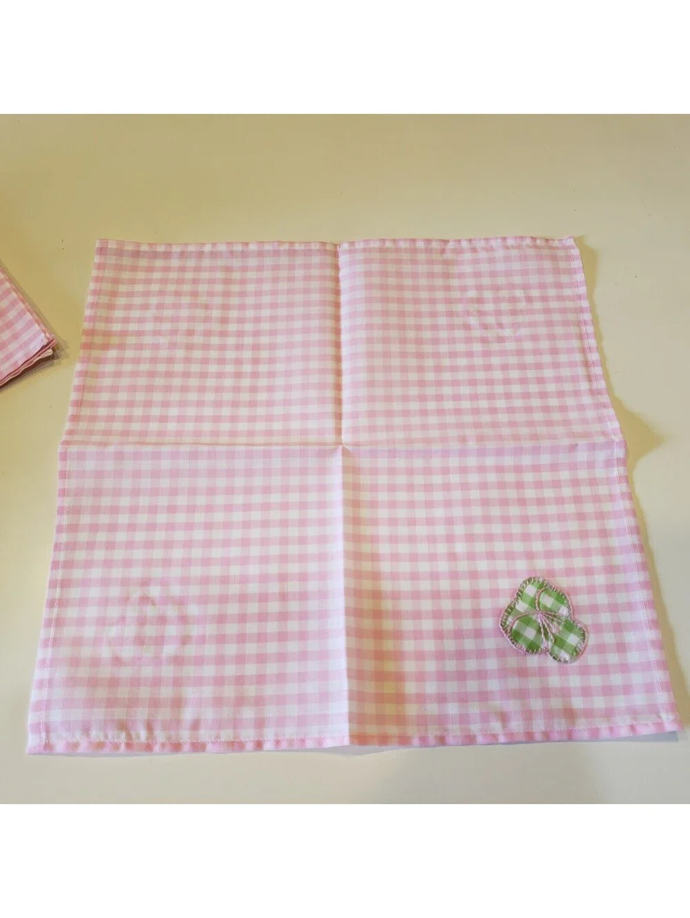 Vintage Cotton Gingham Napkin Placemat Set Green Pink Applique Hand Made Retro